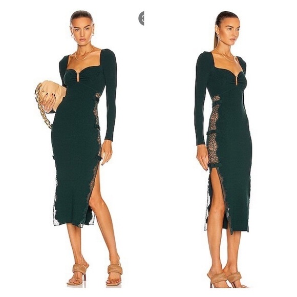 NWT SELF-PORTRAIT Lace Cutout Side Bow Ribbed Forest Green Bodycon Midi Dress XL - Picture 1 of 8